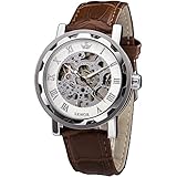 SEWOR Hollow Mens Analog Skeleton Carving Mechanische Handaufzug Armbanduhr mit Lederarmband SEW811 (Silver White)