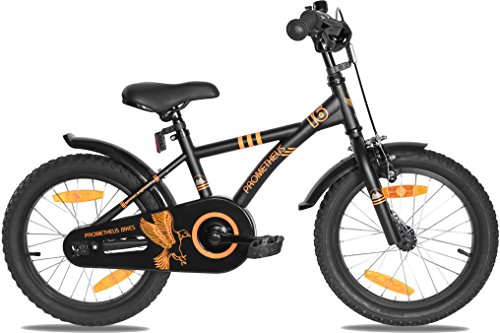 PROMETHEUS Kinderfahrrad 16 Zoll Jungen in Schwarz-Matt & Orange mit Metallic Stützrädern | Seitenzugbremse und Rücktrittbremse | ab 5 Jahren | 16“ BMX Edition 2017 - 6