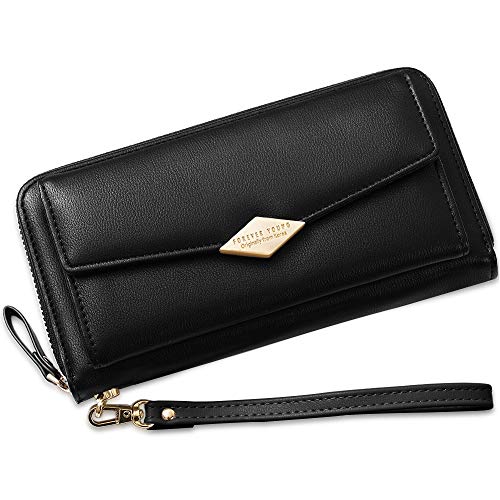 Carteras Piel Mujer Gran Capacidad Cartera Larga con Monedero Bloqueo RFID Billetera Mujer con Cremallera 12 Ranuras para Tarjetas, Monederos de Mujer Grande de Cuero con Muchos Bolsillos (Negro)