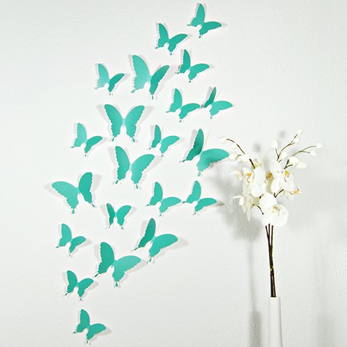 Wandkings Schmetterlinge im 3D-Style in TÜRKIS, 12 Stück, Wanddekoration mit Klebepunkten zur Fixierung