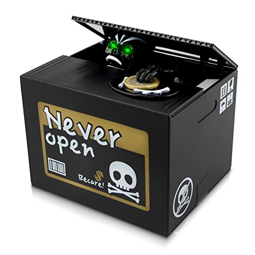 VENKON - Elektronische Spardose Skelett in der Box Trickspardose - 12 x 10 x 9 cm - schwarz