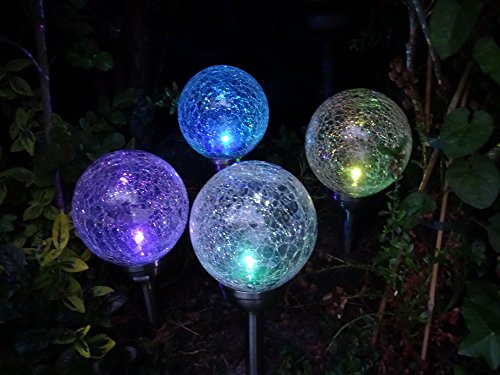 4er Set LED Solar Gartenleuchte mit Erdspieß – praktischer 4er Set Solar Gartenleuchten Kugel Leuchten Kugel Garten Beleuchtung – hochwertige Premium Solar Lampen mit 2 LEDs, weiß oder Farbwechsel auswählbar – Kristall Edelstahl Echtglas Kugel 12 cm Durchmesser – Premium Kugelleuchten aus Edelstahl und Echtglas im Kristalldesign – stilvolle und wunderschöne Gartenleuchte, wahlweise weiß oder Farbwechsel auswählbar - 8