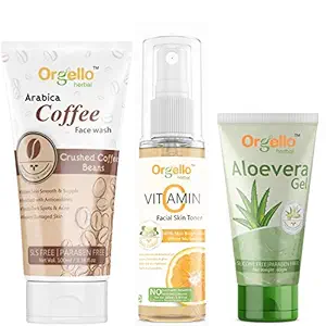 Orgello Herbal Skin care combo products kit pack - Arabica Coffee Face Wash (1 X 100 ml) + Vitamin C Facial Toner (1 x 100 ml ) + Aloevera Gel for Face & Hair (1 x 60 gm) for men, women, boys, girls