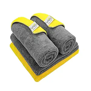 SOFTSPUN B Quality Microfiber Coral Fleece Cloth - Going Cheap! 4 pcs 40x40 cms 900 GSM Grey+Yellow! Thick Lint-Streak Free Multipurpose Cloths for Car Bike Cleaning Polishing Washing & Detailing.