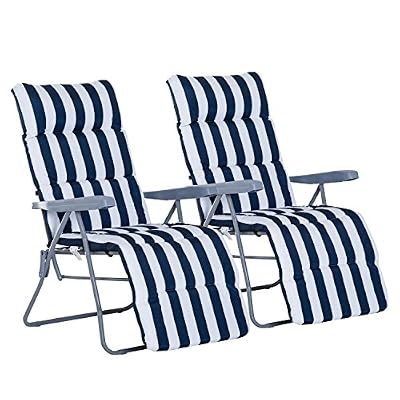 Outsunny Lot de 2 chaise longue bain de soleil adjustable pliable transat lit de jardin en acier bleu + blanc 12