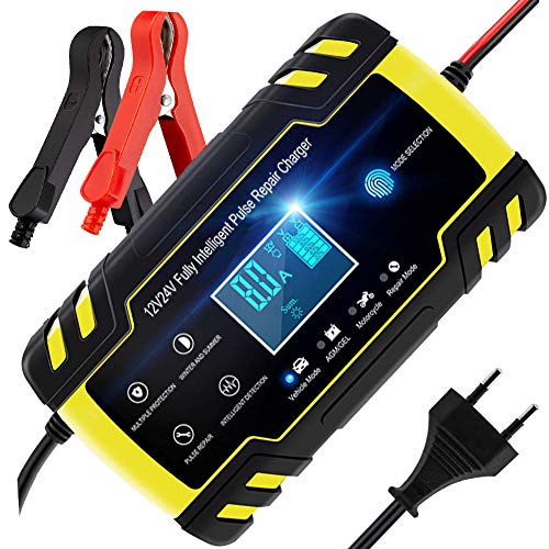 Cargador de Batería, BUDDYGO Cargador de Bateria Coche Moto 12V/24V Full Automático Inteligente Mantenimiento de Batería con Pantalla LCD y Múltiples Protecciones para Automóviles, Motos