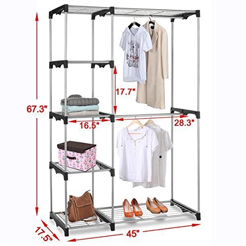 Yahee Kleiderschrank Kleiderständer Garderobenständer Regal mit 2 verchromte Kleiderstangen 4 Ablagen 114 X 44,5 X 171cm (weiß) - 3