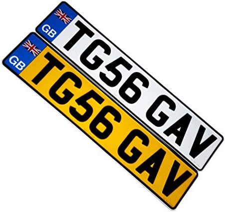 Road Legal, Set of Pressed Metal Car Number / Registration Plates, Pressed Embossed Aluminium with Black 3D Font and GB Flag