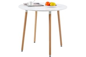 buybyroom Small Round Dining Table, Space Saving Small Kitchen Table White with Wood Legs for Kitchen, Study and Office desk, Round Dining Table for 2, Outdoor Side Table, 80 * 80 * 74cm