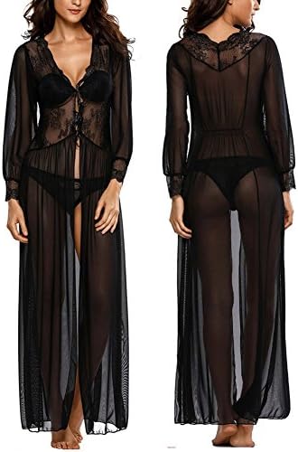 BOOMLEMON Women's Sexy Lace Lingerie Sheer Long Sleeve Robe Sleepwear Gowns With Underwear Medium
