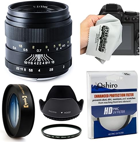 Oshiro 35mm f2 Wide Angle Full Frame Prime Lens with Hood, UV, 10x Macro for Nikon D4S, DF, D4, D3X, D810, D800, D750, D610, D600, D7200, D7100, D5500, D5300, D5200, D3300, D3200 Digital SLR Cameras