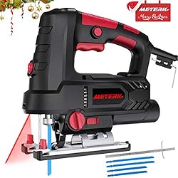 Scie Sauteuse 800W Meterk avec laser et LED 6 Vitesses Réglables Angle Max 45°coupe équipée de 4 Lame, Clé allen et Guide de règle métal