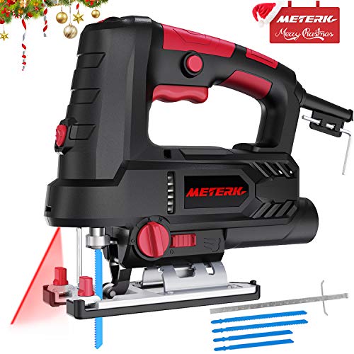 Scie Sauteuse 800W Meterk avec laser et LED 6 Vitesses Réglables Angle Max 45°coupe équipée de 4 Lame, Clé allen et Guide de règle métal