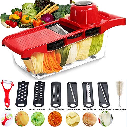 Mandolina cortadora multifuncional, cortador de verduras, trituradora de alimentos, picadora y rallador, 6 cuchillas afiladas de acero inoxidable intercambiables con pelador, sistema de protección de manos, cortador para patatas, tomates, cebollas, queso
