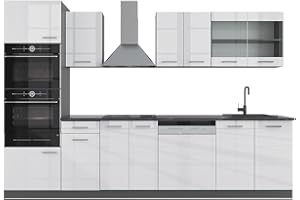 Vicco cucina componibile R-line, Bianco lucido/antracite, 300 cm con armadio alto, senza piano di lavoro