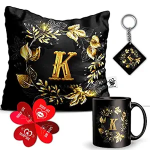 KivStar K Alphabet letter Printed Mug+Cushion with Filler,Card,Keychain,Gift for Love,Birthday ,wife, husband, girlfriend boyfriend,Kids,Brother,Sister,love Valentines Day and Anniversary. (Mug+Keychain+Card+Pillow)