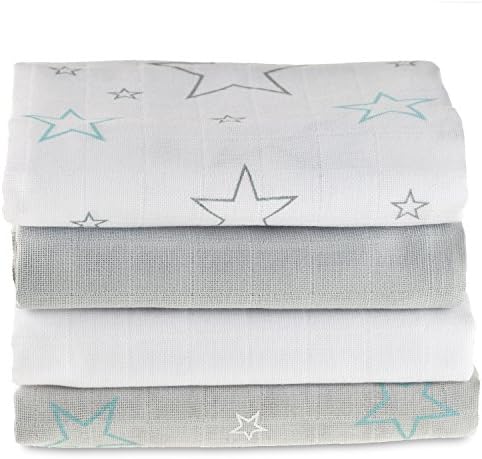 Muslin Squares/Burp Cloths – 4 Pack, 70 x 70 cm – Stars White/Grey/Turquoise | Premium Quality Öko-Tex/Tested for Cloth Diapers & Muslin Squares for Babies