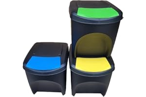 Stolmet Large Stackable Recycling Bins Set of 3x25L (Brand KrysGo) - Customizable Lids with Recycling Stickers - Waste Sorting for Home, Kitchen, Office (Black + Multi Coloured)