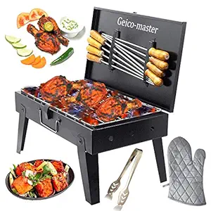 Geico-master Briefcase Foldable Portable & Picnic Barbeque with 8 Skewers,1 Iron Grill Black (Make in India) Charcoal Grill