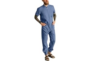 Celucke Jumpsuit Herren Overalls Männer Sommer T-Shirt Sommerjumpsuit mit Kordelzug Schlafanzug aus Baumwolle und Leinen Jogginganzug Trainingsanzug mit Mehreren Taschen Overall