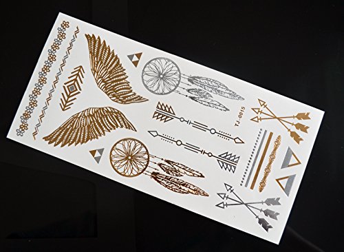 10 Bögen Set Metallic Tattoo Flash Tattoo Aufkleber Einmal Tattoo Gold und Silber Schmuck Tattoos Viele Schöne Motive - 6