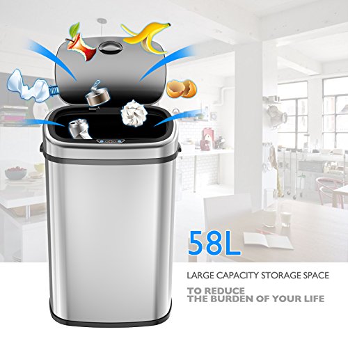 1home Infrarot Küchenabfälle Mülleimer Abfalleimer Automatisch Abfallsammler Kücheneimer Automatik Abfallbehälter Sensor Abfall Papierkorb mit Hand Bewegungssensor Aus hochglanzpoliertem Edelstahl Sliver 58 Liter - 6