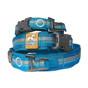 Kurgo RSG Collar & RSG Stub Leash, MOLLE Dog Collar, MOLLE Leash for Dogs, Extra Wide Collar for Dogs, Hands Free Dog Leash, Reflective, Adjustable, Blue