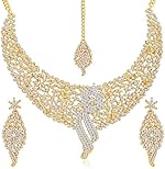 Sukkhi Gold Plated Australian Diamond Choker Necklace With Drop Earrings And Mangtikka Set For Womesn