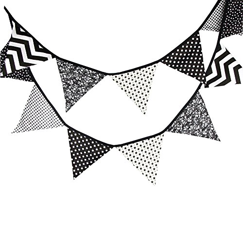 Yiuswoy 10 Feet Triangles Flag Banner Pennant Garlands Cotton Fabric Bunting for Indoor Outdoor Birthday Wedding Party Decoration - Black White