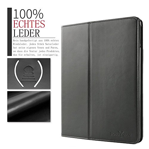 Ipad 9.7 2017 Hülle, Boriyuan Echt Leder Case Schutztasche aus echtem Leder mit Standfunktion, Auto Sleep Wake up und Fach für Kreditkarten, mit Displayschutzfolie + Stylus für das Apple Neu Ipad 9.7 Zoll – (Schwarz) - 2