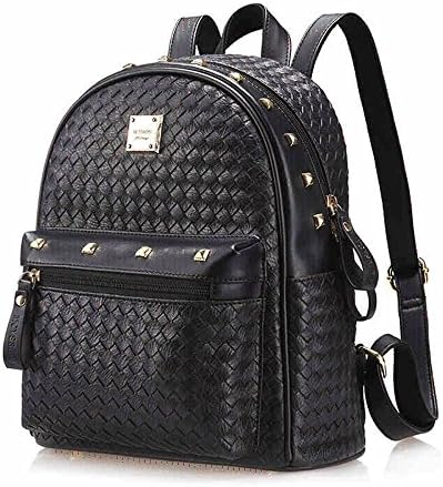 Hollwald High Quality European and American PU Black Woven Rivet Style Fashion Casual Ladies Backpack
