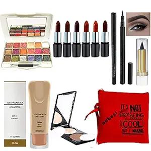 Adbeni Stylish Beauty combo makeup set (3 Pcs Lipsticks,1 Eye Shadow, 1 Foundation,1 Eyeliner, 1 Compact, 1 Kajal, 1 Pouch) Set of 9 Pcs
