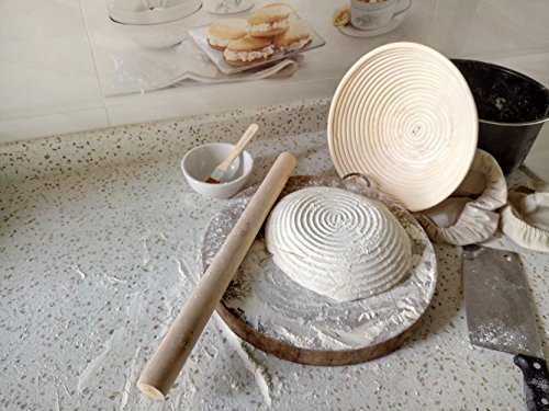 Gärkörbchen rund, ø 25 cm, Höhe 8.5 cm Banneton Proof Korb für Brot und Teig [inkl. Pinsel] Proof Rising Rattan Schale + Gratis Liner + Gratis Brot Gabel - 4