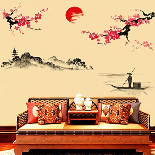 Preisvergleich Produktbild vovo Vovotrade 60X90 cm PVC Wandaufkleber Kreative Klassische Chinesische Art Tuschmalerei Dekorative Wandaufkleber Pfirsich (Mehrfarbig)
