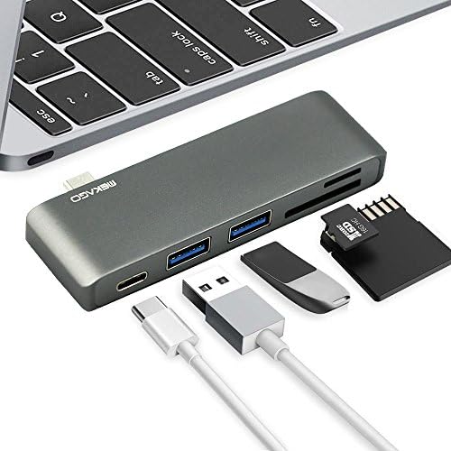 Type-C USB 3.0 5 in 1 Combo Hub for MacBook, Aluminum Multi-Port Adapter with USB-C Charging Port, Type-C Pass Through, 2 USB 3.0 Ports, SD/Micro Card Reader (gray)