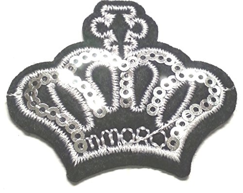 Strass Glitzer Aufnäher Aufbügler Bügelbilder Iron on Patches Applikation mit Pailletten für Kleider Frauen zum aufbügeln " Krone silber 5 x 4,5 cm "