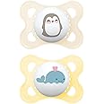 MAM Original Soothers 0+ Months (Pack of 2), Baby Soothers with Self Sterilising Travel Case, Newborn Essentials, Grey/White (Designs May Vary)