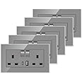 5 Pack CNBINGO Glass Double Switched Socket with USB-A and Type-C Charging Ports, Grey Tempered Glass Panel Wall Outlet, 2 Gang 13 Amp Electric Power Socket