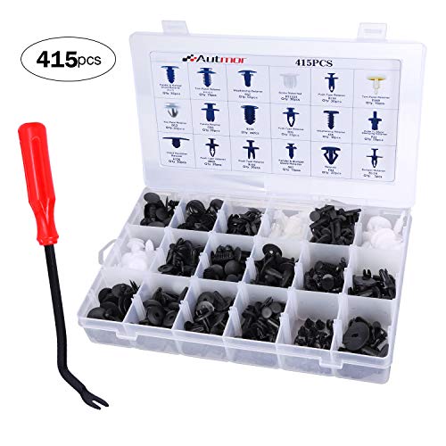 Autmor 415 Pièces (18 Types) Clips Rivets en Plastique, Fixation de Protection Universels Habillage Universel, pour Voitures, Portes, Garnissages, Pare-Chocs, avec Outil Démontage et Boîte