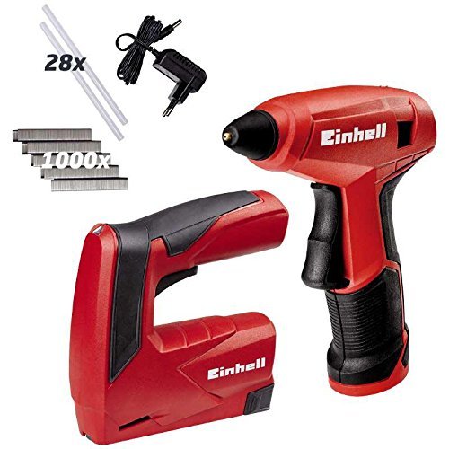 Einhell TC-CT + TC-CG - Pack con grapadora, pistola de pegamento caliente, 1000 grapas y 28 barras de pegamento, batería 1.5 Ah, cargador, 3.6 V, color rojo y negro