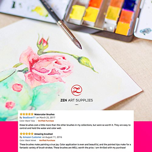 Künstler Pinsel Set für Gouache, Wasserfarben und Flüssige Acrylfarben – 6 Stück – Mischung aus Runden, Spitzen Langlebigen Eichhörnchen und Synthetik Haaren mit Kurzem Stiel – Black Tulip von ZenArt - 5