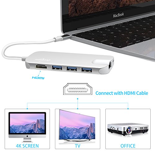 USB C Hub, Dootoper Typ C Hub mit 3 USB 3.0 Ports, 4K HDMI Port, Ethernet-Port(1000Mbit/s), SD-Kartenleser, Micro SDHC und USB C Ladeanschluss, für Geräte mit USB Typ C wie MacBook Air, MacBook Pro, Mac Mini, Google Chromebook 2016 (Silver) - 4