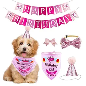 Dog Birthday Bandana Hat Banner Set Dog Boy Girl Cute Bow Tie Scarf Birthday Party Supplies Decorations(Pink, Dog Girl)