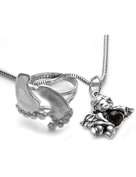 Namen Gravur Kinder Füßchen Taufring mit Bernstein Schutzengel Anhänger & Schlangen Taufkette Echt Silber 925...