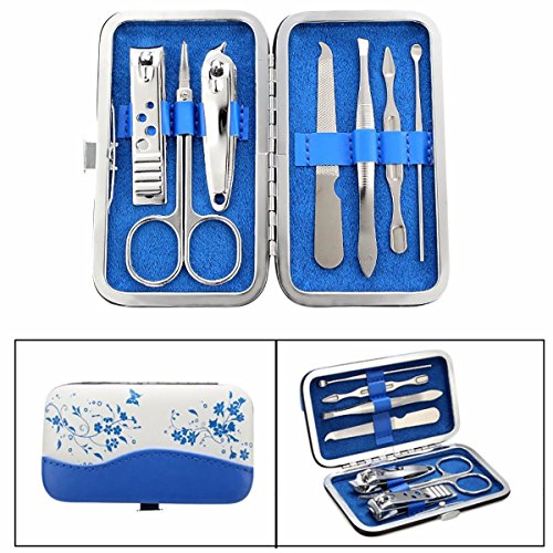 Maniküreset, DancingNail 7-teiliges Pediküre Werkzeug Für Gepflegte Hände Und Füße Nagelschere, Nagelknipser, nagelfeile, Pinzette, Ohrlöffel, Blau Etui