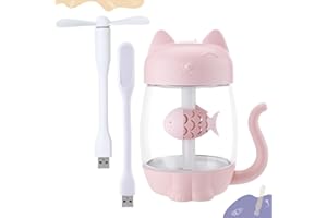 KUSIWAY Mini Humidificador Infantil de Gatito (350ml) con Luz LED USB y Mini Ventilador | Niebla Fría Silenciosa para Niños y bebes | Ideal para Dormitorio | Regalo | Seguro | Para Verano e Invierno (ROSA)