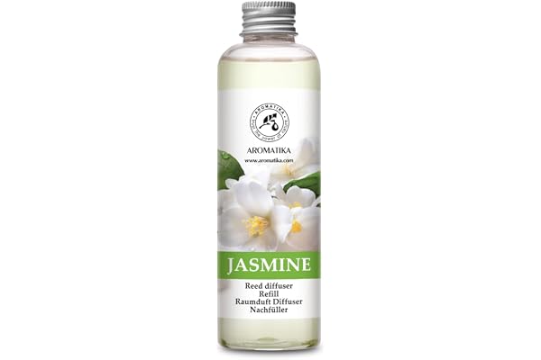 Jasmine Diffuser Refill w/Natural Essential Jasmine Oil 200ml - Intensive - Fresh & Long Lasting Fragrance - Scented Reed Diffuser - 0% Alcohol - Best for Aromatherapy - Great Room Air Fresheners