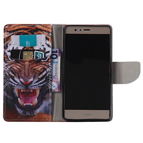 Feeltech HUAWEI P9 Lite Hülle [Berühren Sie Stift] Elegant PU Leder Tasche Magnetverschluss Ultra Schlanke hülle Gemalte Colour Muster Design Mit Back Cover Etui Skin Shell Purse hülle Standfunktion Kredit Kartenfächer Folio Mit Karten Geldscheinfach im Bookstyle Schale Für HUAWEI P9 Lite – Tiger - 4