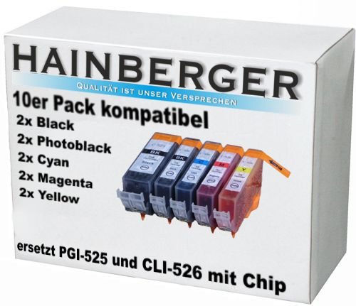 10 Druckerpatronen mit Chip für Canon, ersetzt PGI-525BK CLI-526BK CLI-526C CLI-526M CLI-526Y