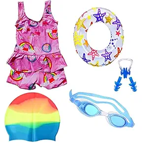 SportsFitt Swimming Costume for Girls with Cap Goggles Ear Plug Nose Clip Swimming Kit